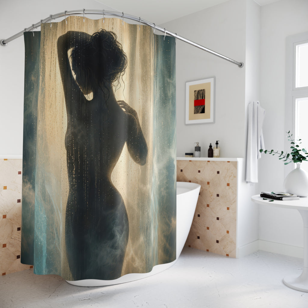 Unique Silhouette Shower Curtain, Blue Rain Light Figure Art, Moody Teal Gold Bathroom Decor, Dramatic Spa Wall Guest Bath Gift For Home