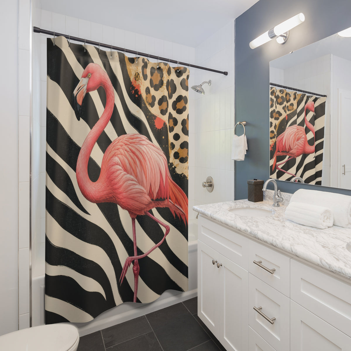 Pink flamingo striding across zebra and leopard patterns shower curtain beside a white vanity