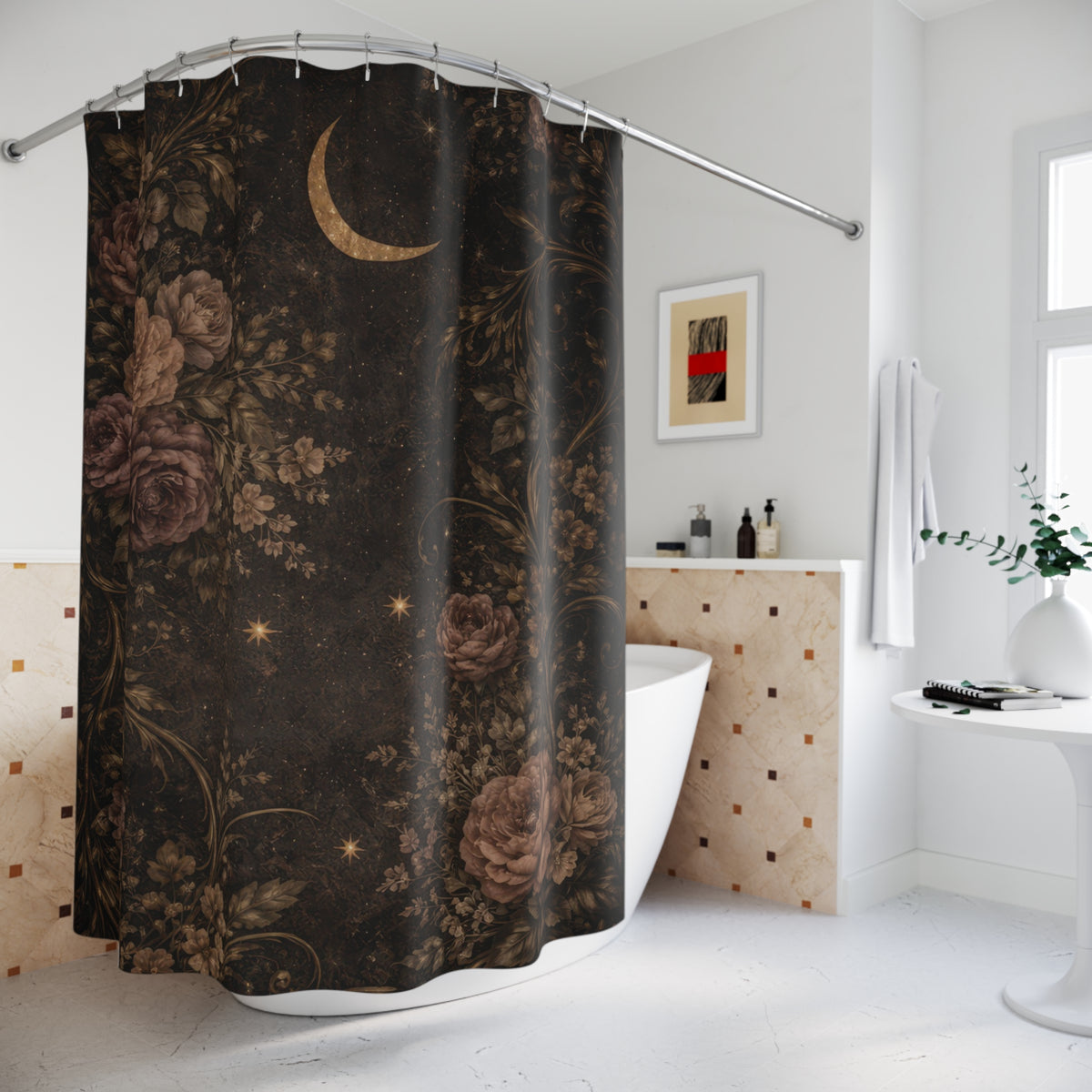 Celestial Dark Floral Shower Curtain — Moon Gothic