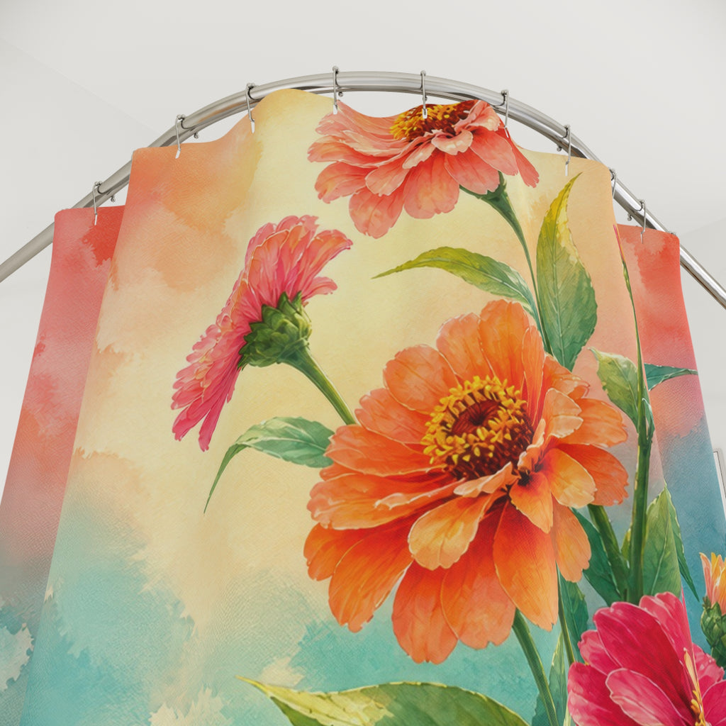 Coral teal watercolor zinnia crescent shower curtain with close-up print, hooks, and folds
