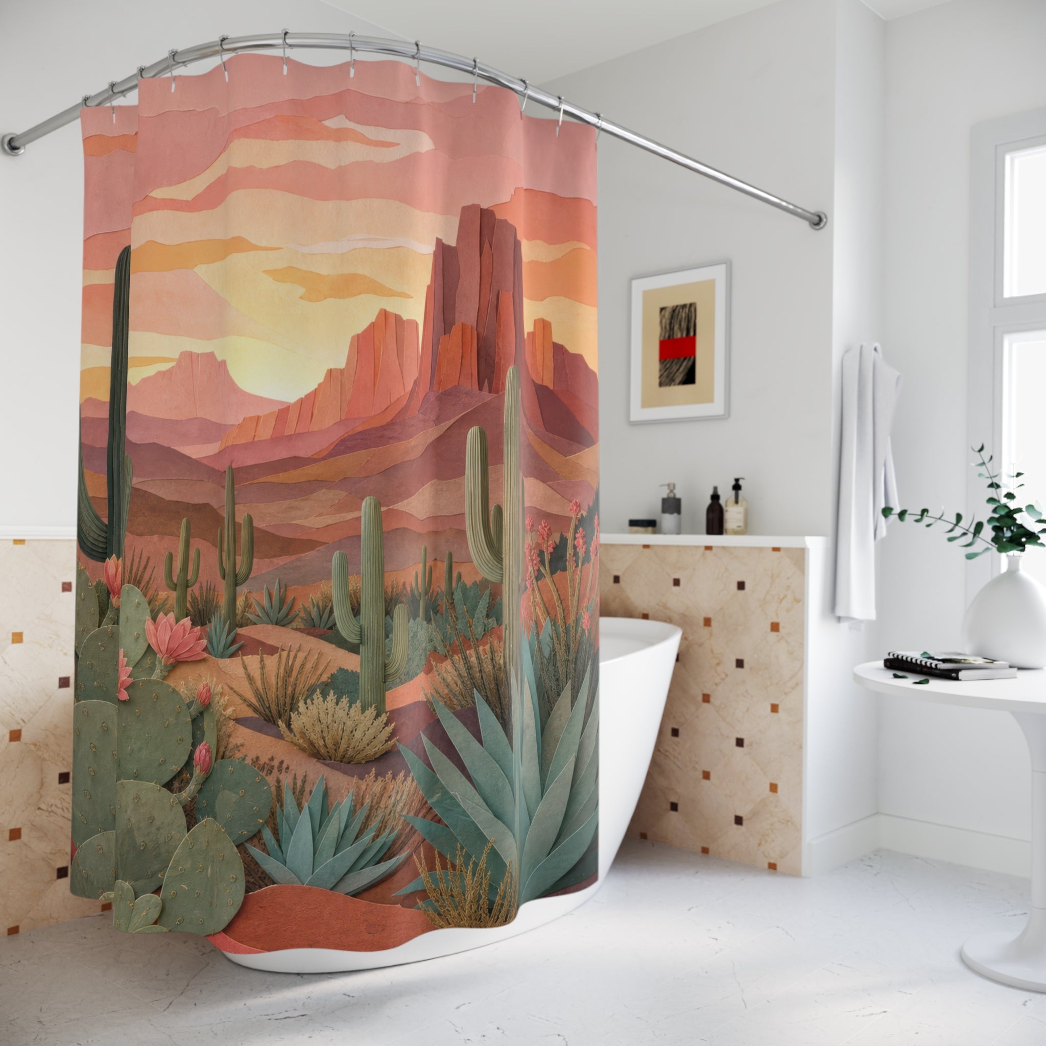 Boho Desert Cactus Shower Curtain – Terracotta Sunset
