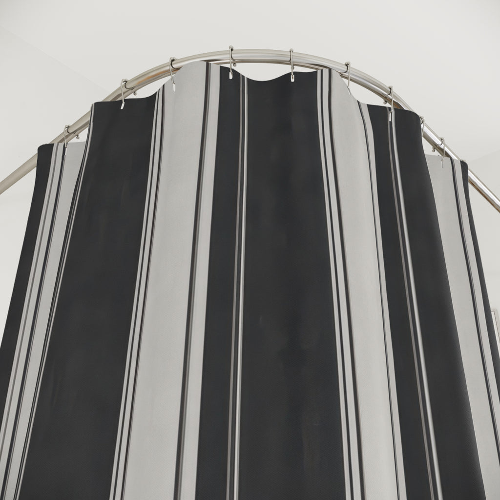 Black Grey Awning Shower Curtain, Black Charcoal Classic Bathroom Decor, Awning Stripe Bath Curtain, Guest Bath Decor, Small Bathroom Decor
