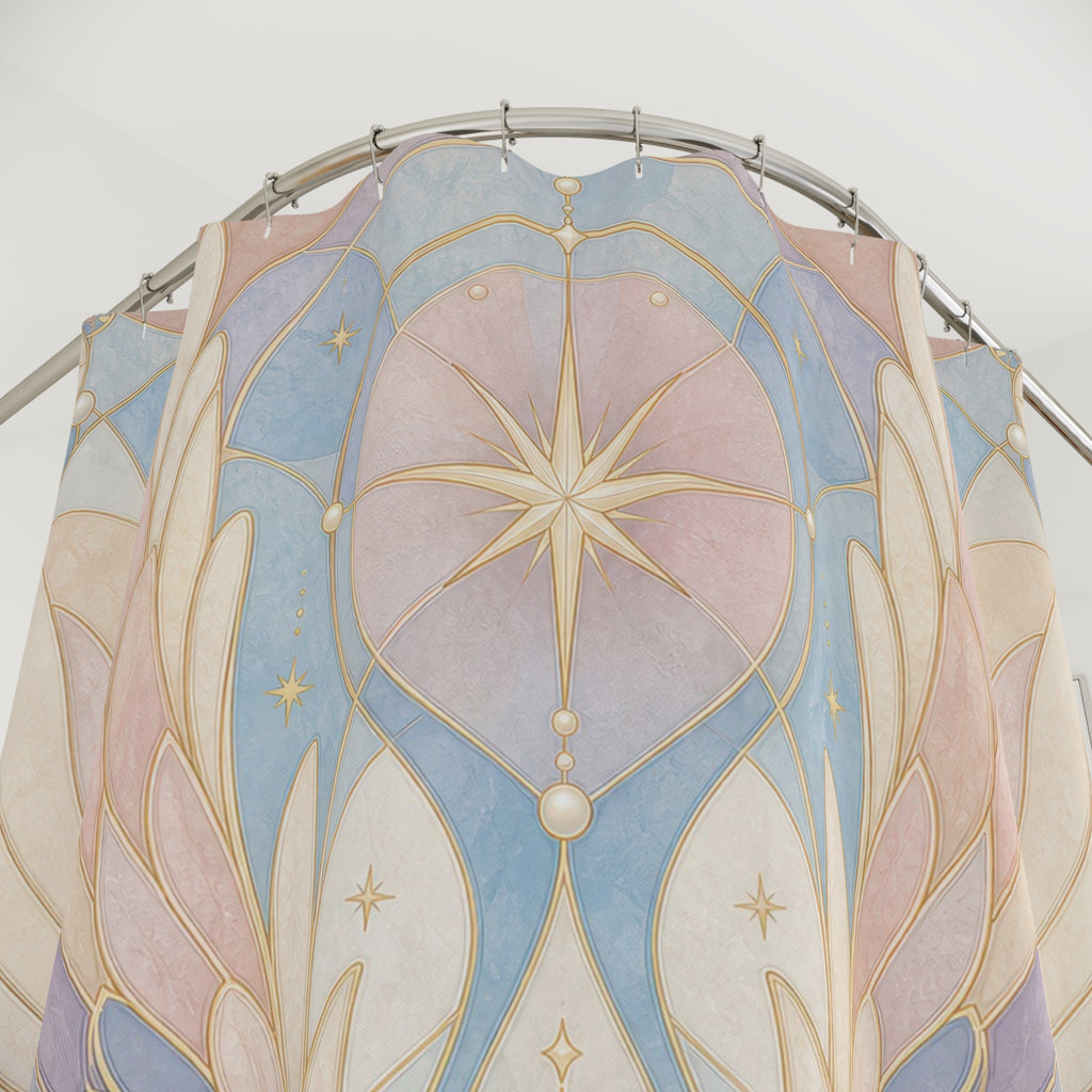 Stained Glass Shower Curtain, Angel Wing Bath Decor, Pastel Blue Blush Feather Pattern, Celestial Art Nouveau Guest Bathroom Decor