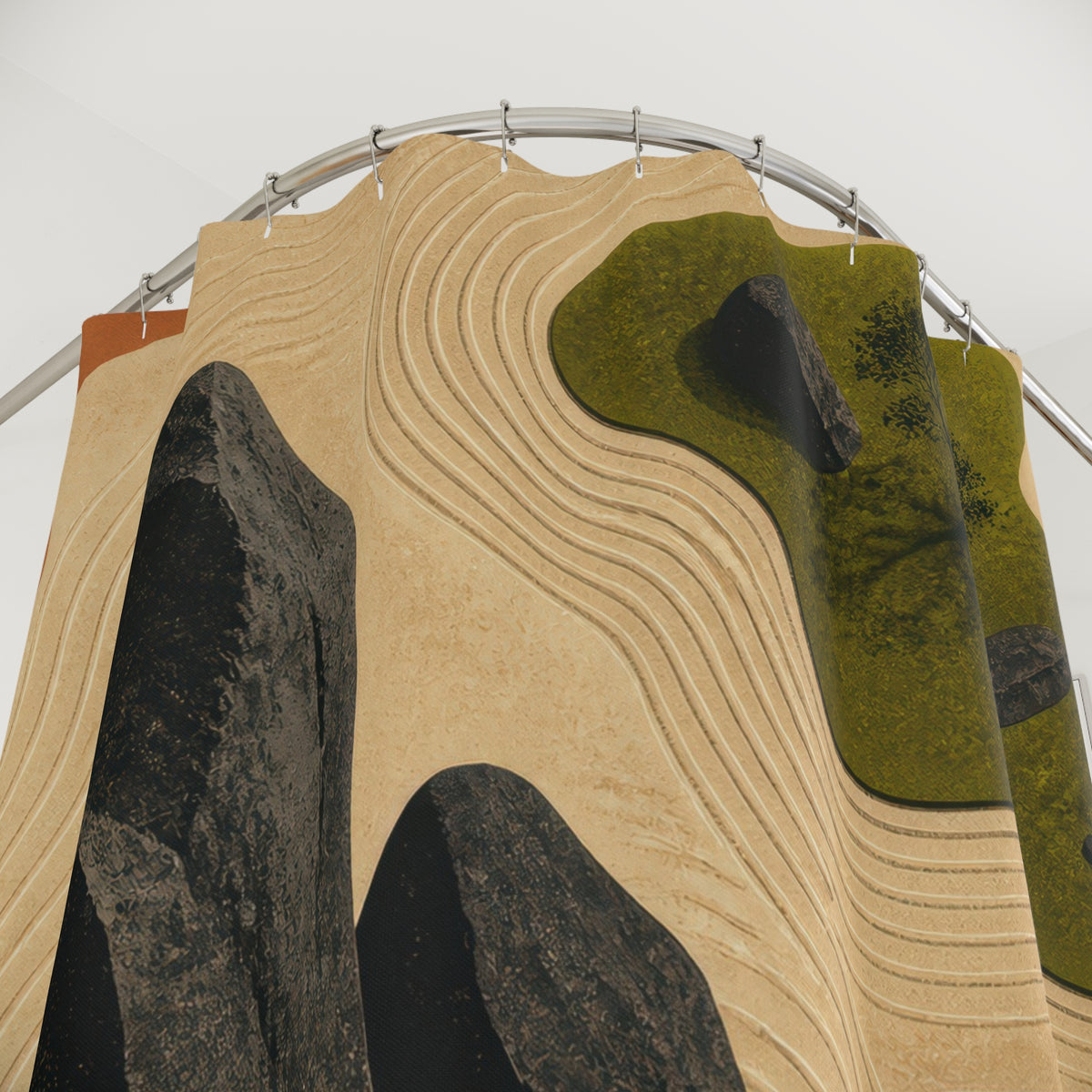 Abstract overhead map of raked gravel, moss, and stones shower curtain with close-up print, hooks, and folds