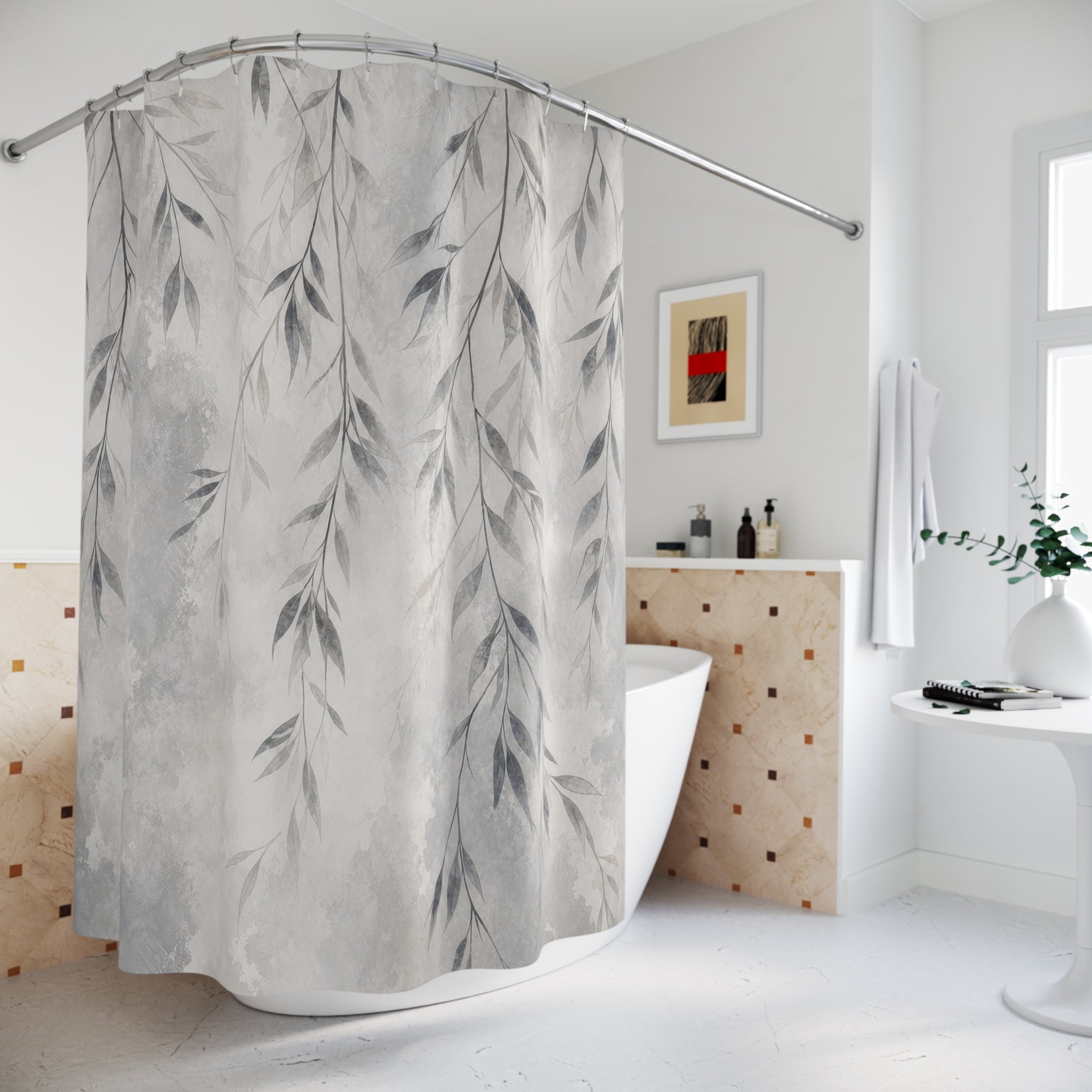 Gray Botanical Leaf Shower Curtain