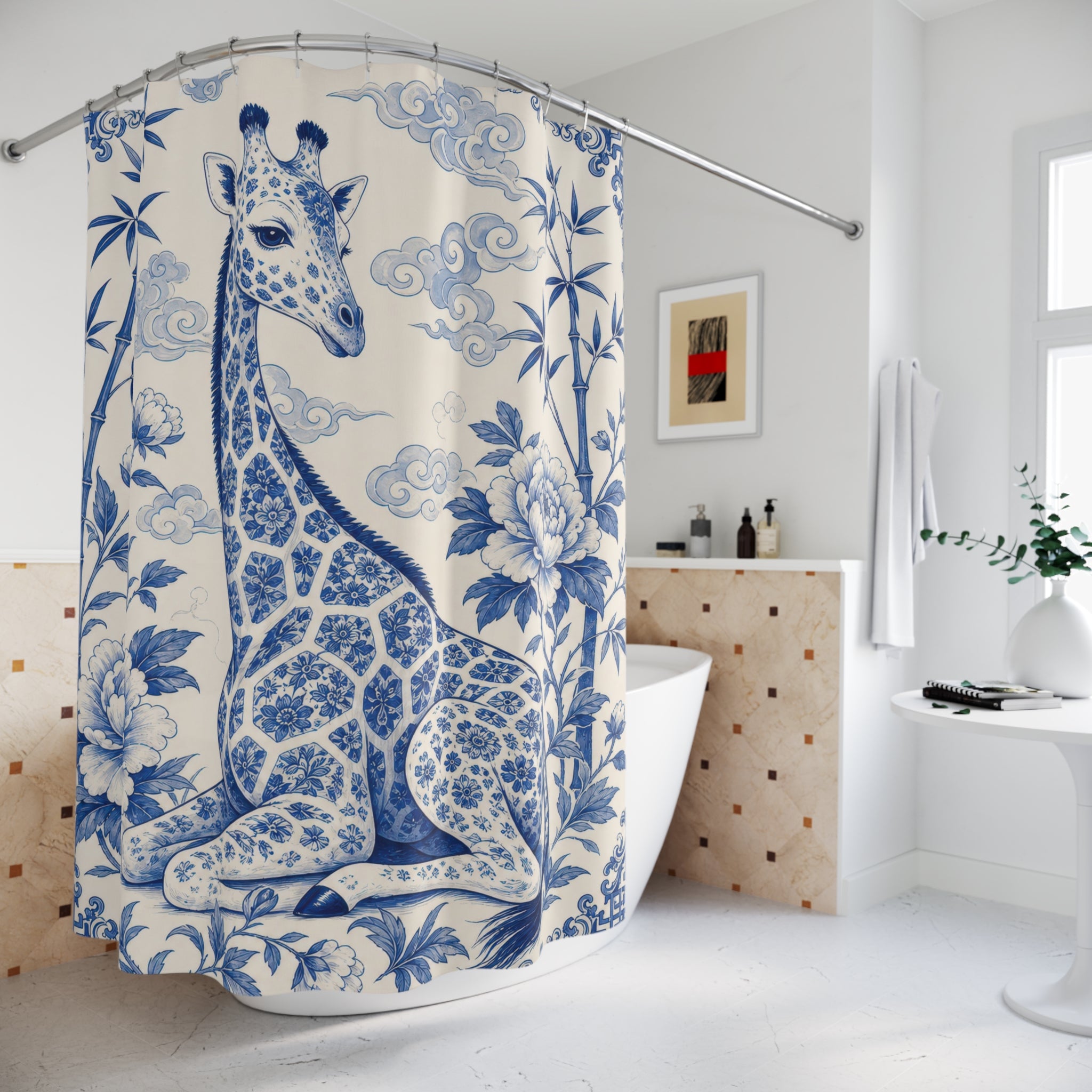 Blue White Giraffe Shower Curtain