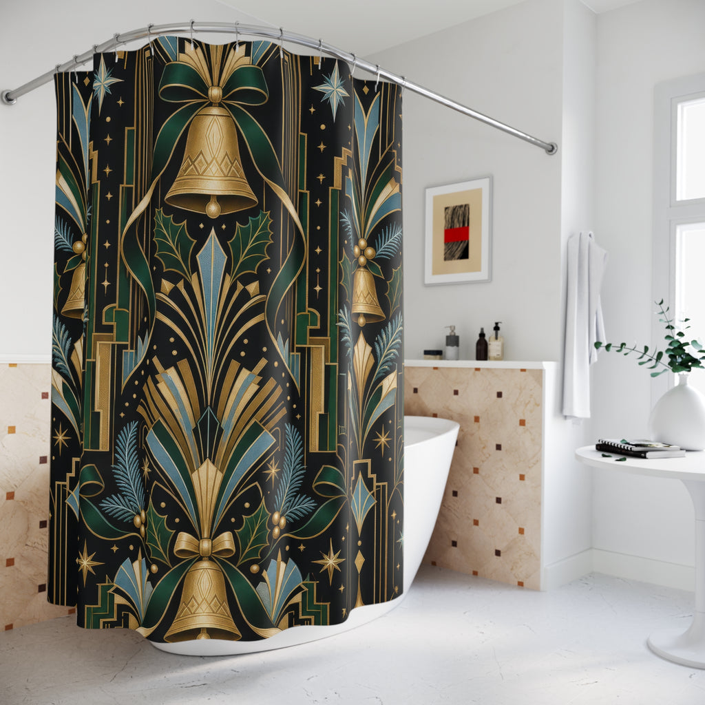 Art Deco Christmas Shower Curtain, Emerald Gold Bell Holiday Pattern, Black Icy Blue Winter Bathroom Decor, Glamorous Guest Bath
