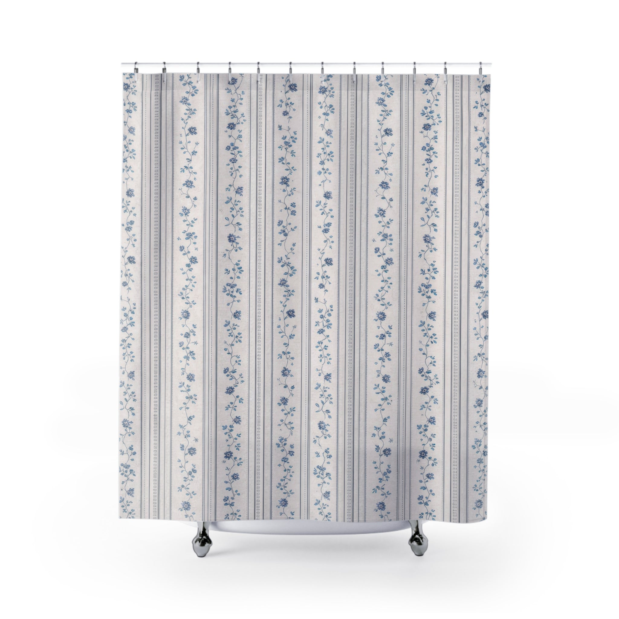 Blue and White French Country Floral Stripe Shower Curtain