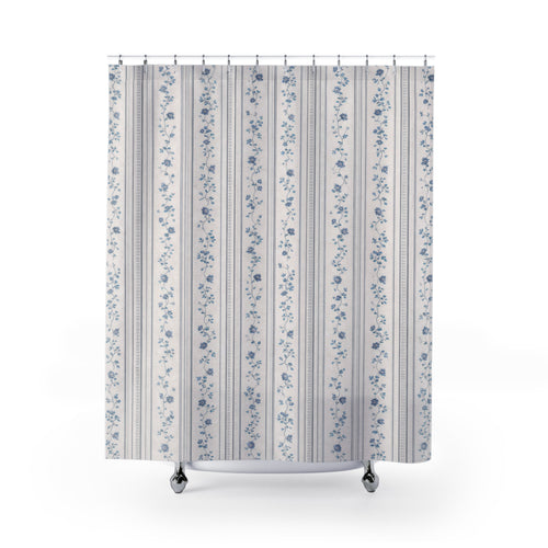 Blue and White French Country Floral Stripe Shower Curtain