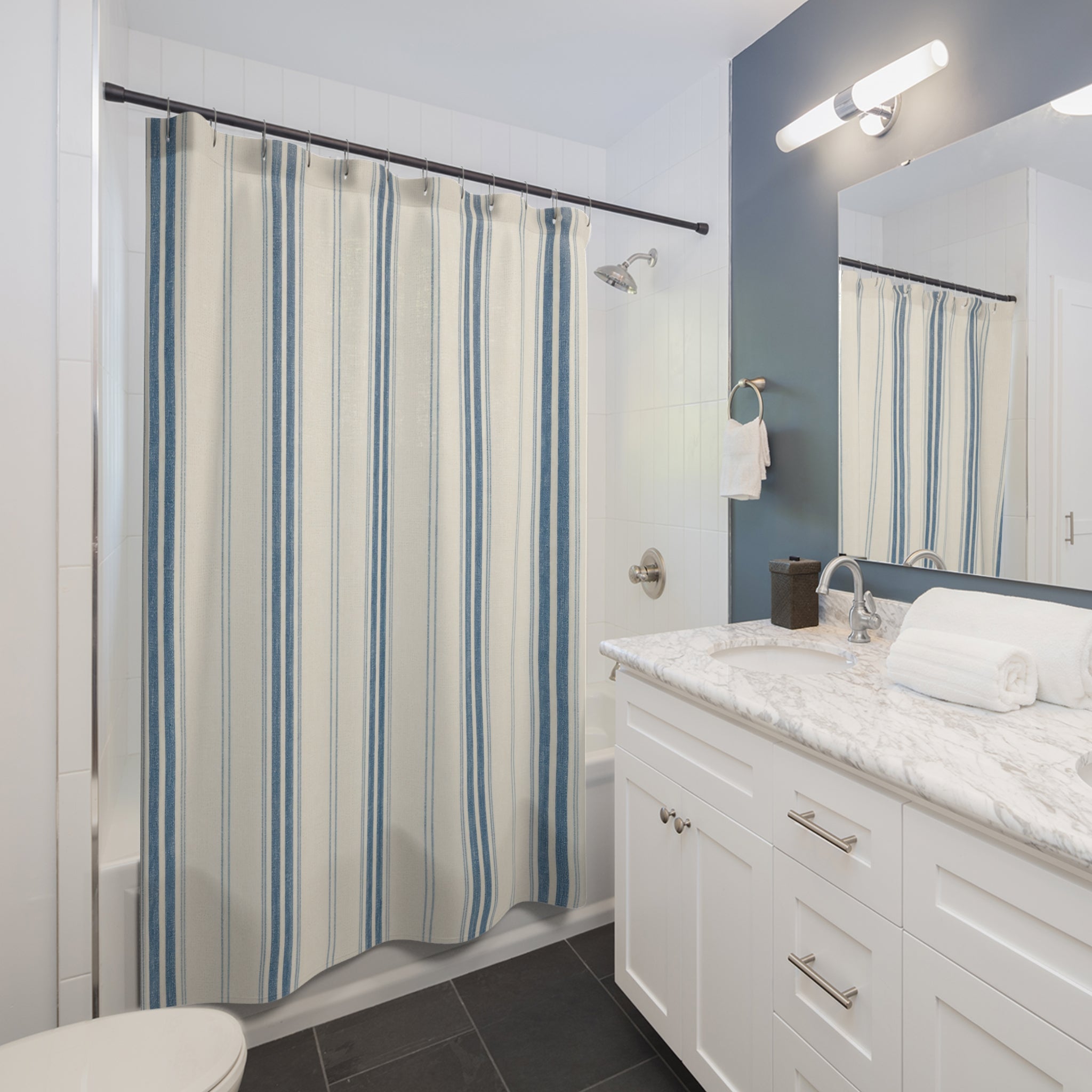 Denim Ticking Stripe Shower Curtain, Denim Blue Farmhouse Bathroom Decor, Cream Stripe Bath Curtain, Guest Bathroom Decor, Small Bath Decor