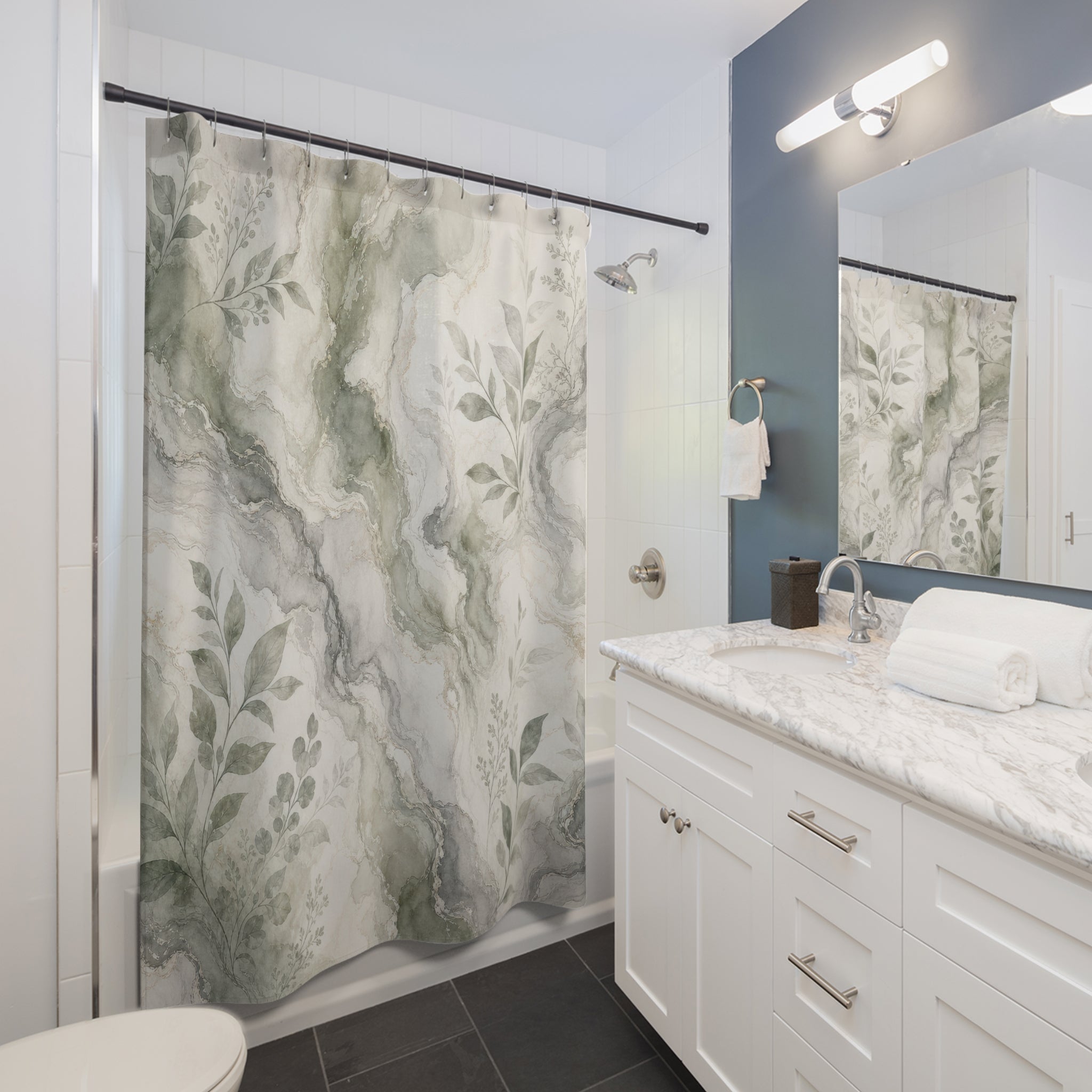 Green Marble Botanical Shower Curtain, Green Grey Modern Bathroom Decor, Botanical Marble Bath Curtain, Guest Bath Decor, Home Decor