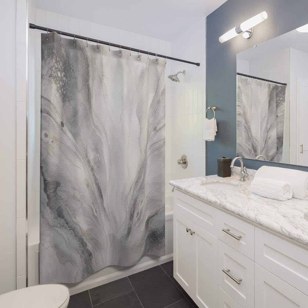 Marble Shower Curtain, Gray Abstract Bath Decor, White Charcoal Fan Pattern, Modern Neutral Guest Bathroom Decor, Soft Spa Marble Style