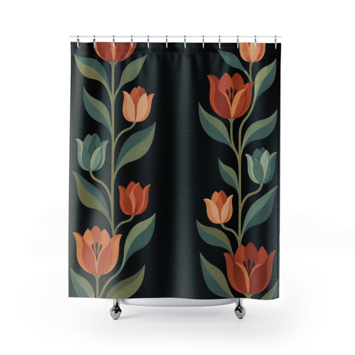 Terracotta tulips, closed teal buds and sage leaves on black shower curtain with full front view