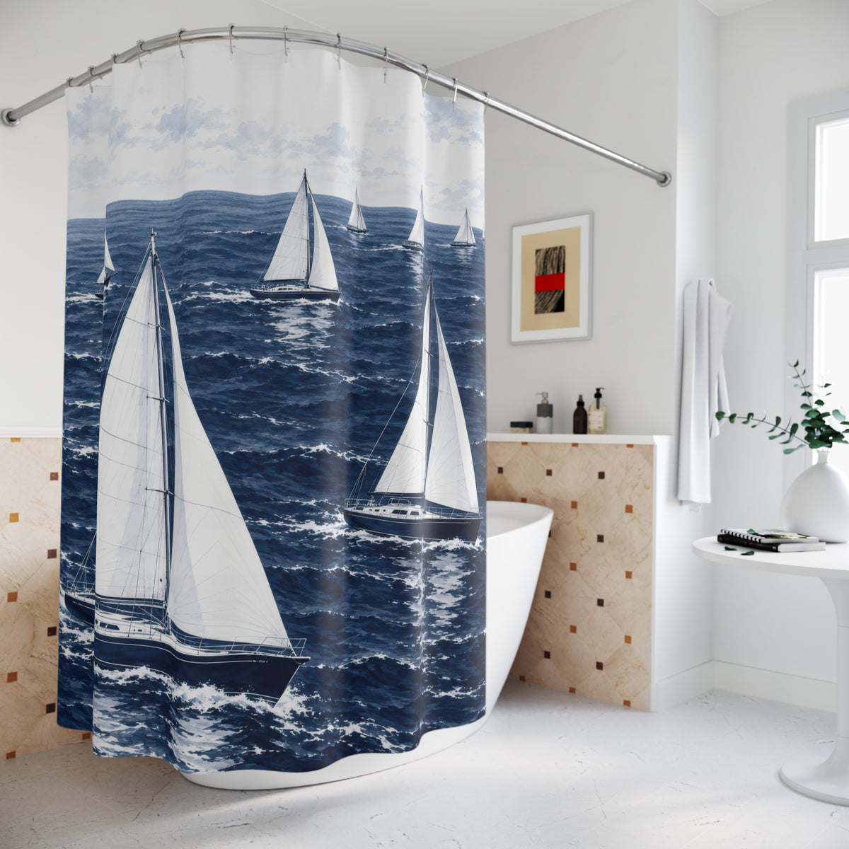 White-sailed yachts crossing a navy sea beneath pale clouds shower curtain beside a freestanding tub