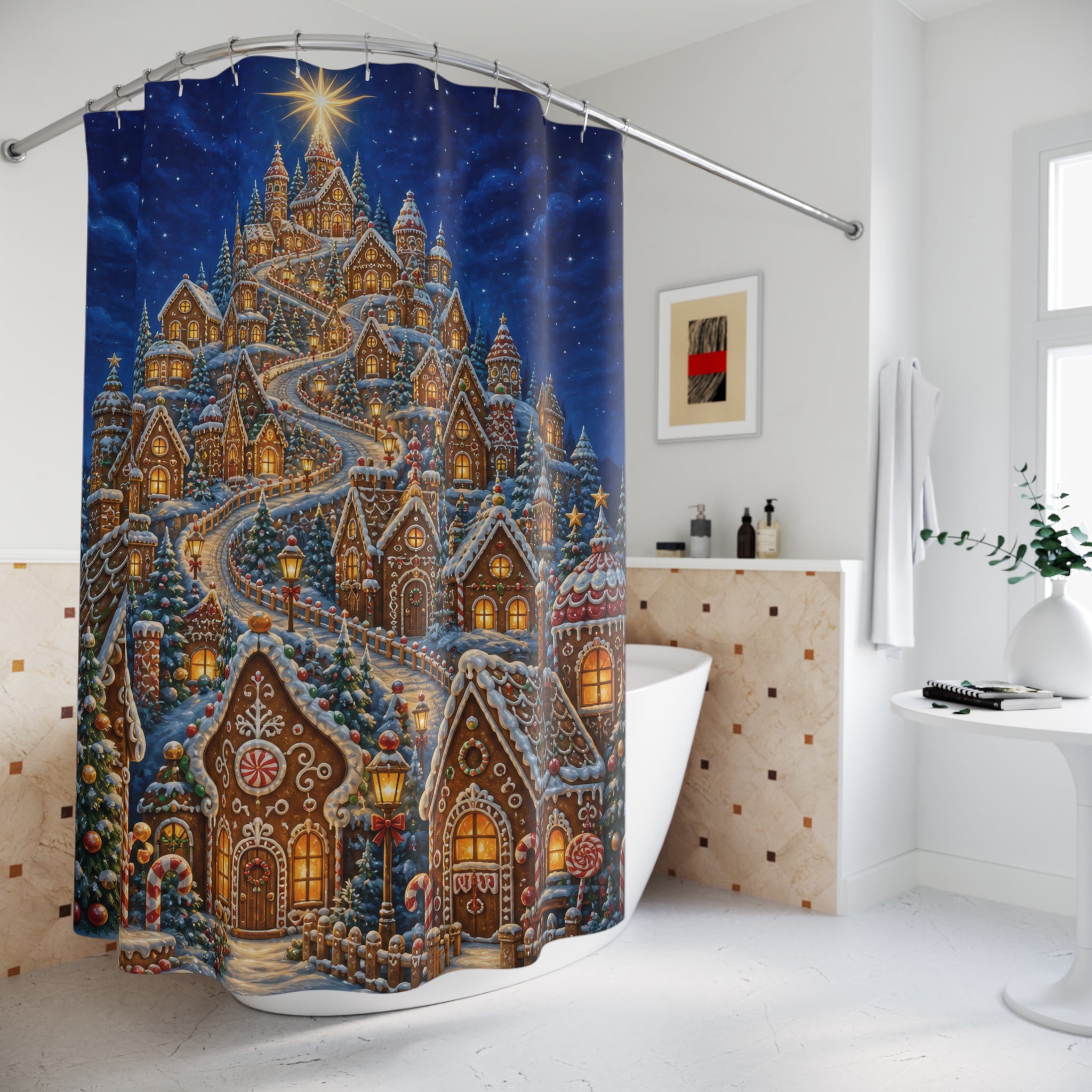 Glowing Gingerbread Village Shower Curtain