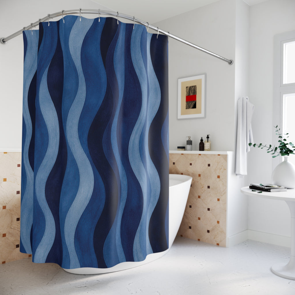 Navy Cobalt Ripple Stripe Shower Curtain
