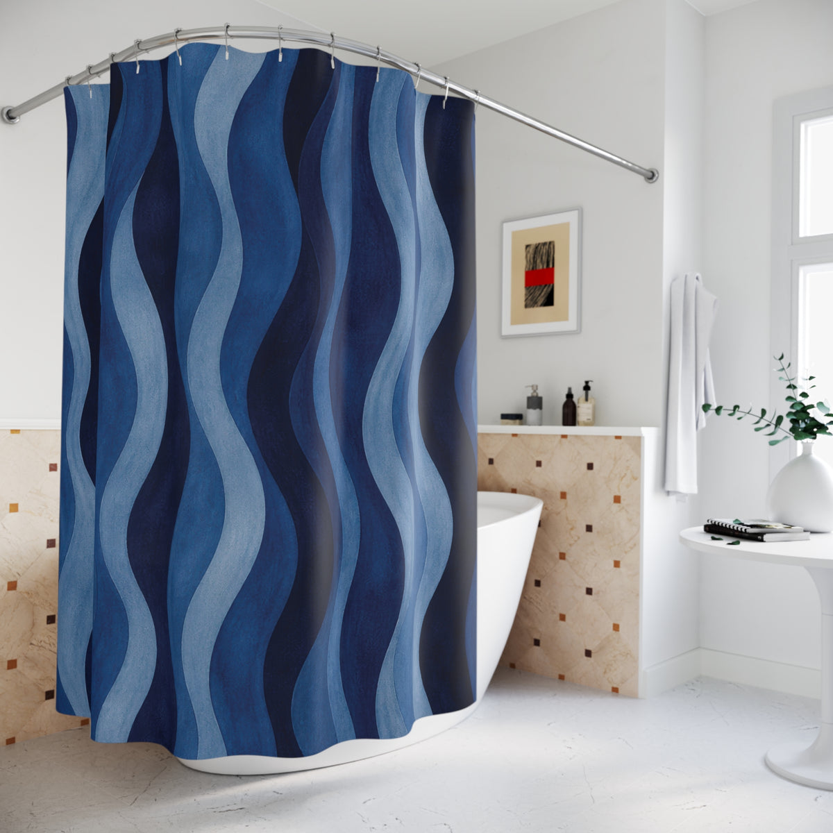 Navy Cobalt Ripple Stripe Shower Curtain