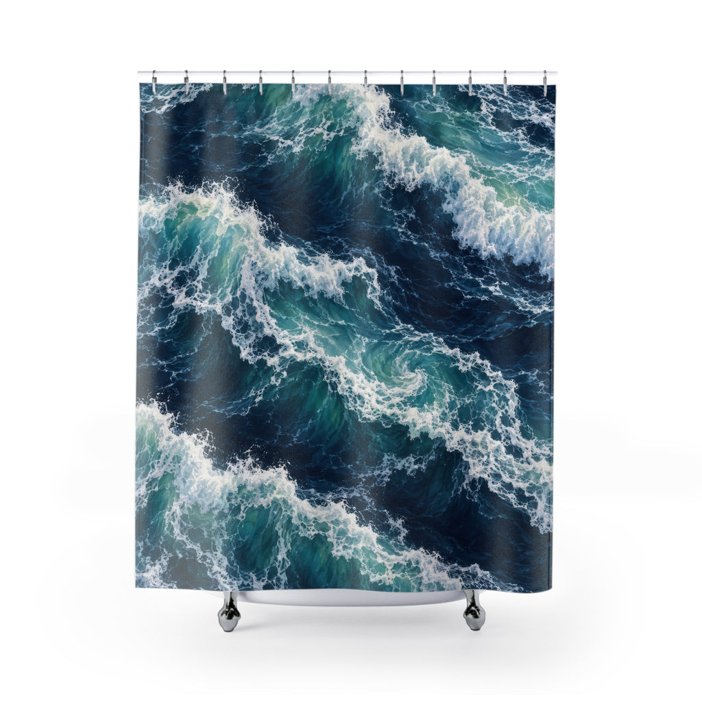 Turquoise breaking waves and white sea foam on navy water shower curtain with full front view