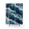 Turquoise breaking waves and white sea foam on navy water shower curtain with full front view