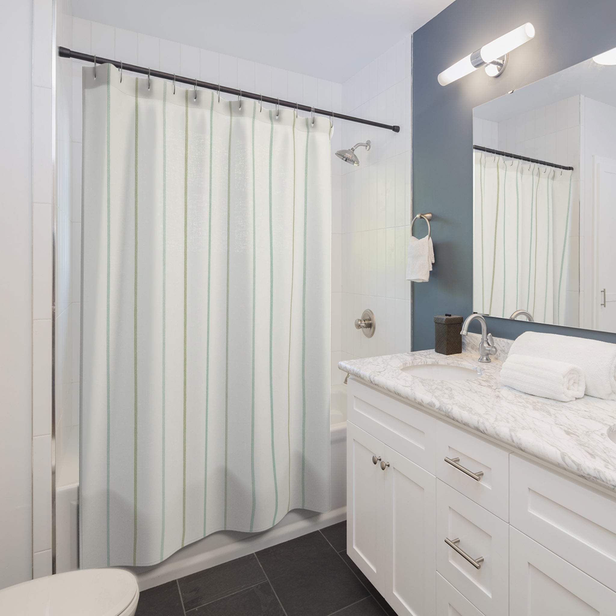Pale Green White Pinstripe Shower Curtain