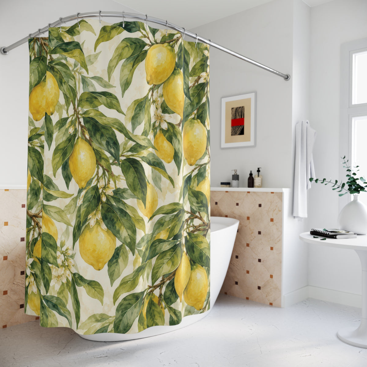 Yellow lemons, green leaves and small white blossoms shower curtain beside a freestanding tub