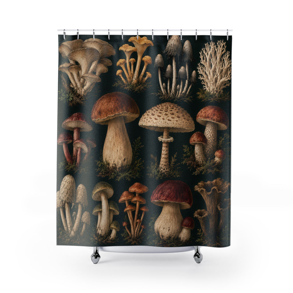 Vintage mushroom specimens on deep green shower curtain with full front view