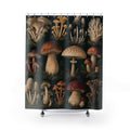 Vintage mushroom specimens on deep green shower curtain with full front view