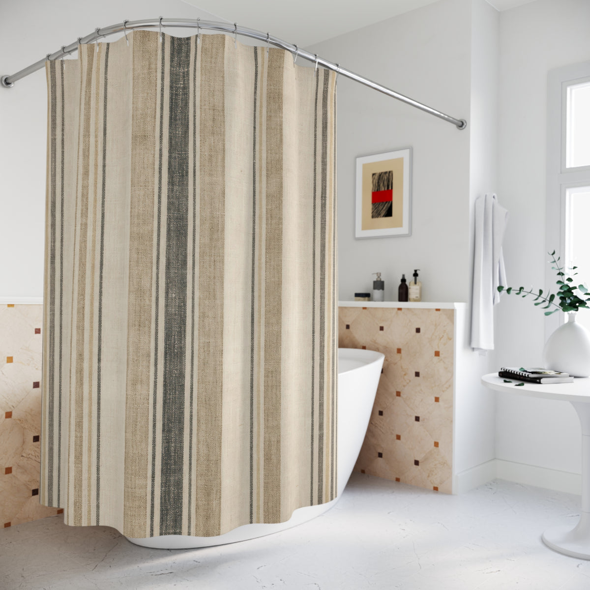 Farmhouse Stripe oatmeal grain sack shower curtain beside a freestanding tub