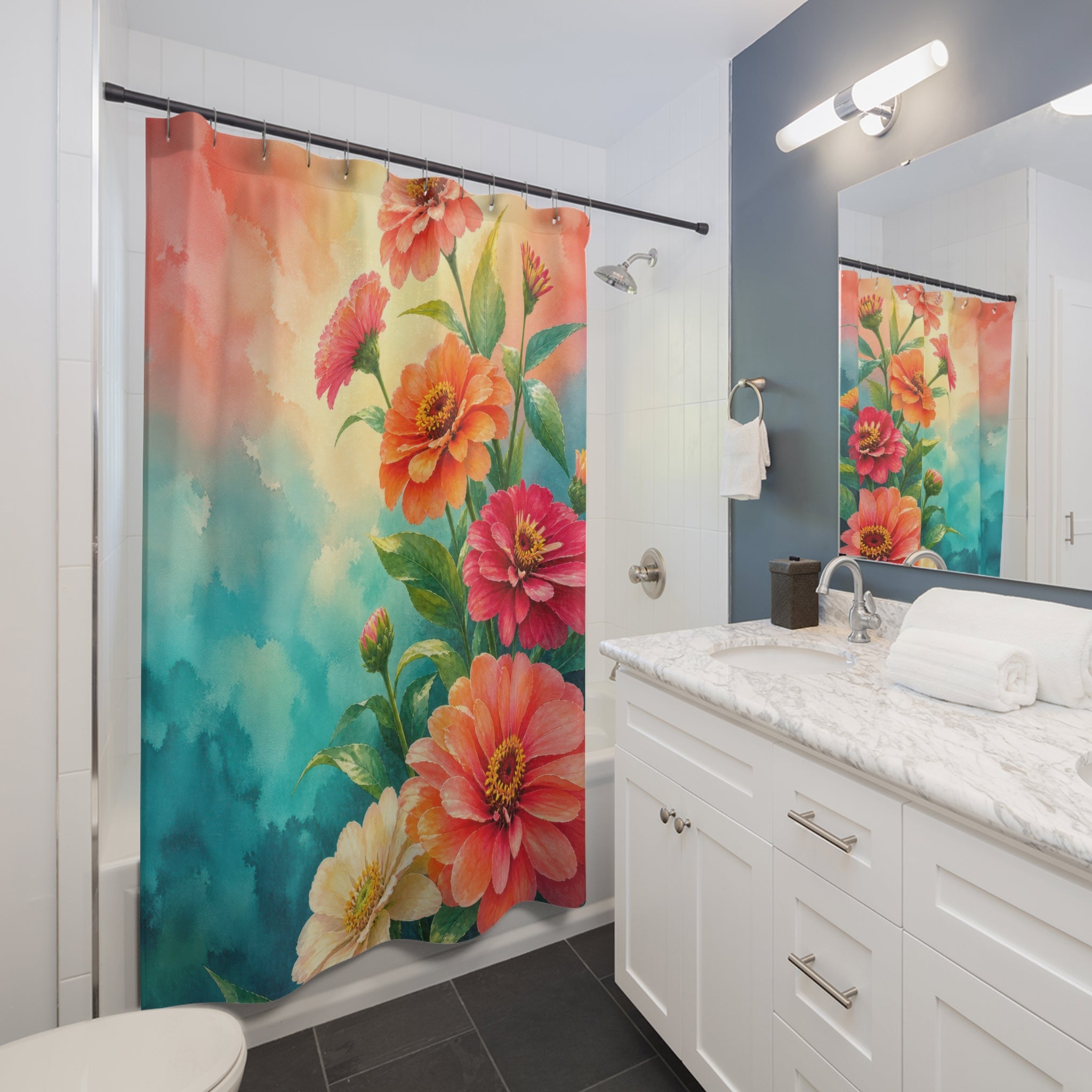 Coral teal watercolor zinnia crescent shower curtain beside a white vanity