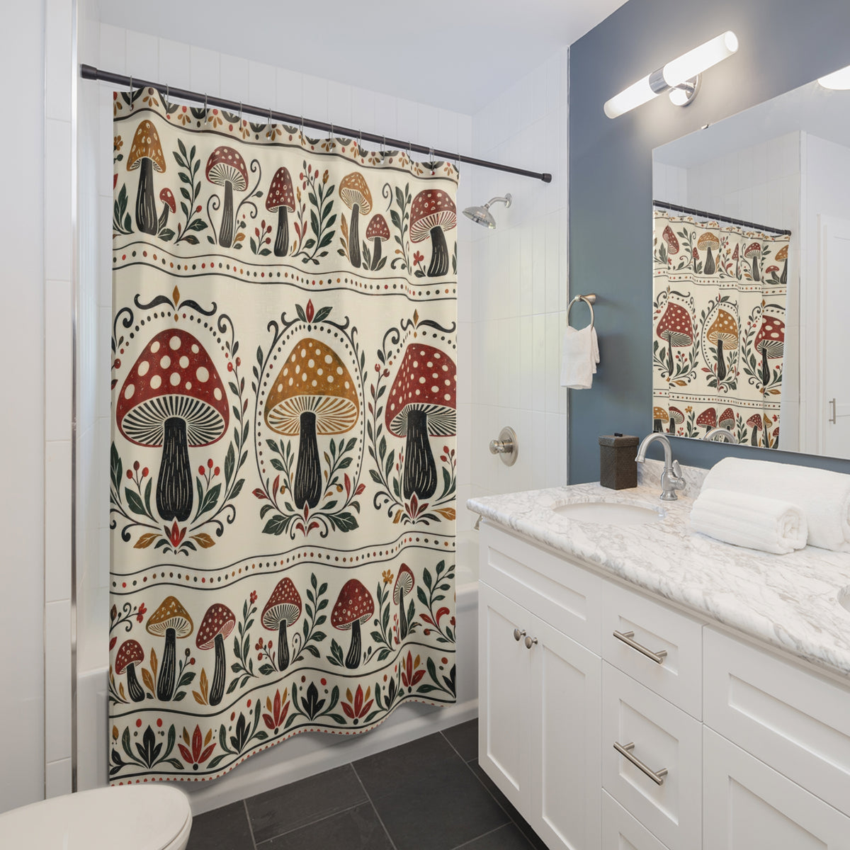 Rust and ochre mushroom folk borders on cream shower curtain beside a white vanity