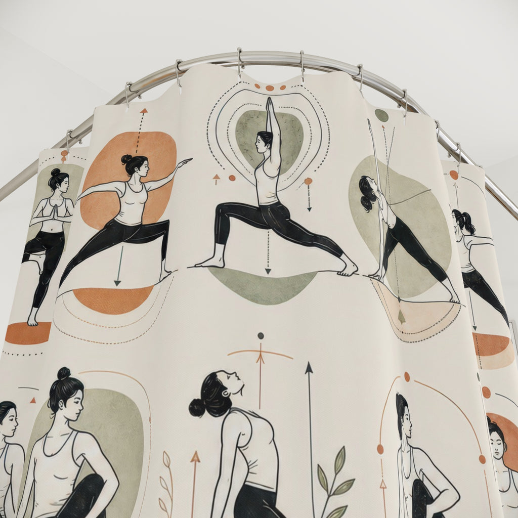 Unique Yoga Shower Curtain, Illustrated Pose Chart Art, Neutral Sage Terracotta Bathroom Decor, Wellness Studio Guest Bath Gift For Home