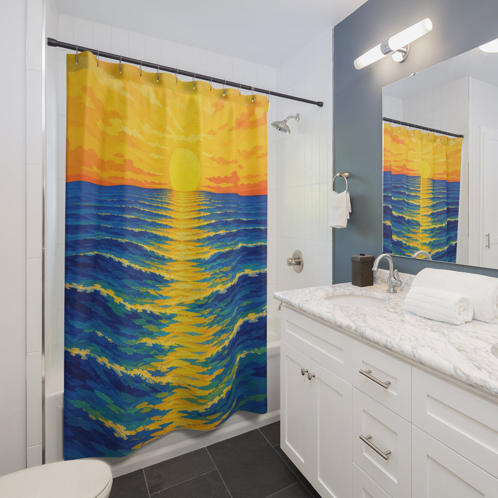 Yellow ocean sunrise over cobalt and teal waves shower curtain beside a white vanity