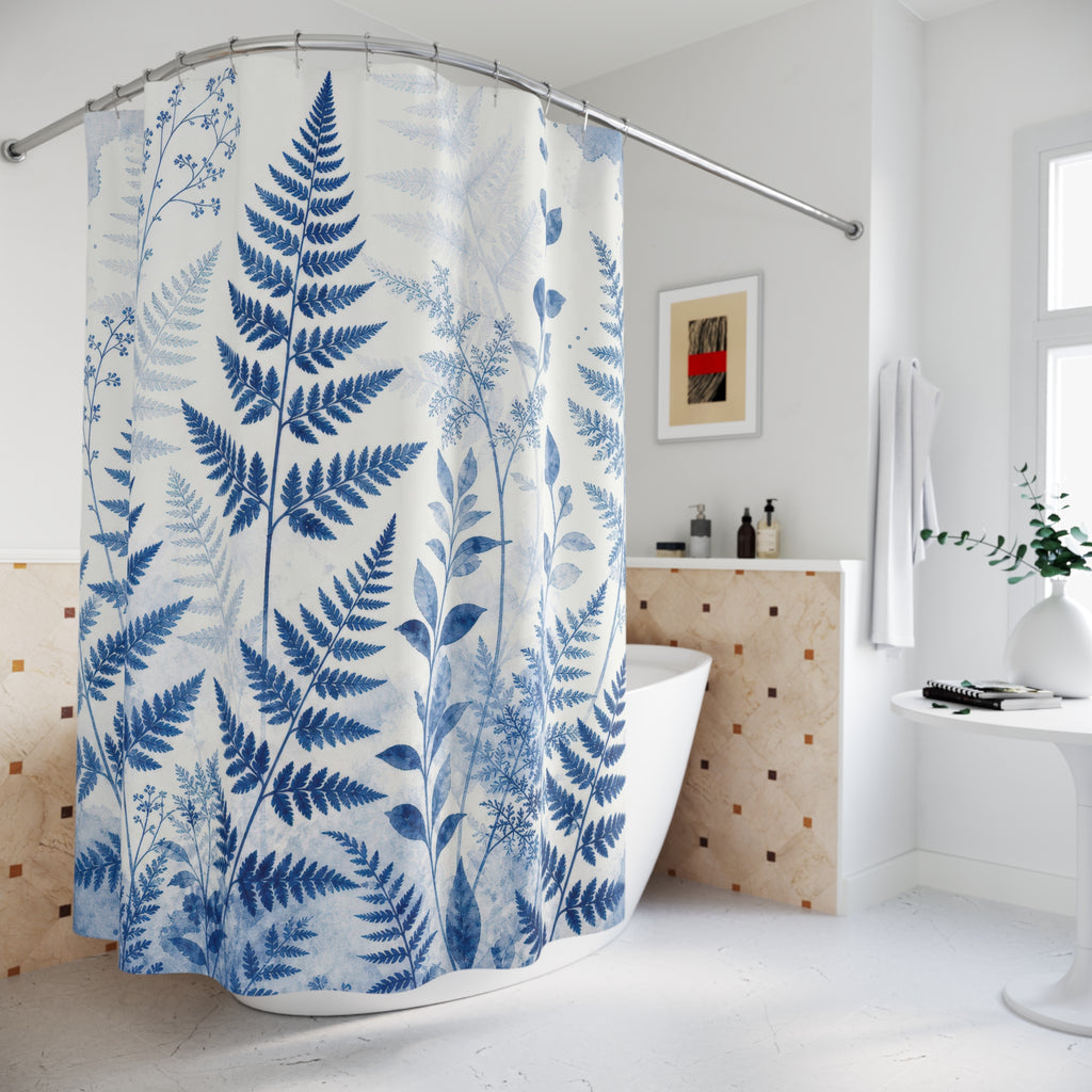 Blue Fern Shower Curtain, Blue White Nature Bathroom Decor, Fern Botanical Bath Curtain, Guest Bath Decor, Small Bathroom Decor, Home Decor