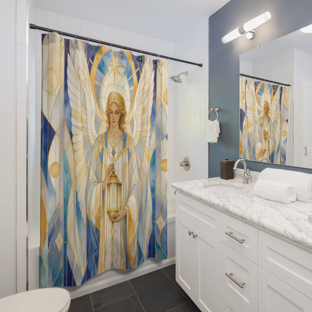 Gabriel Angel Shower Curtain, Stained Glass Messenger Angel Art, Blue White Gold Spiritual Decor, Luminous Bathroom Accent, Church Art Look