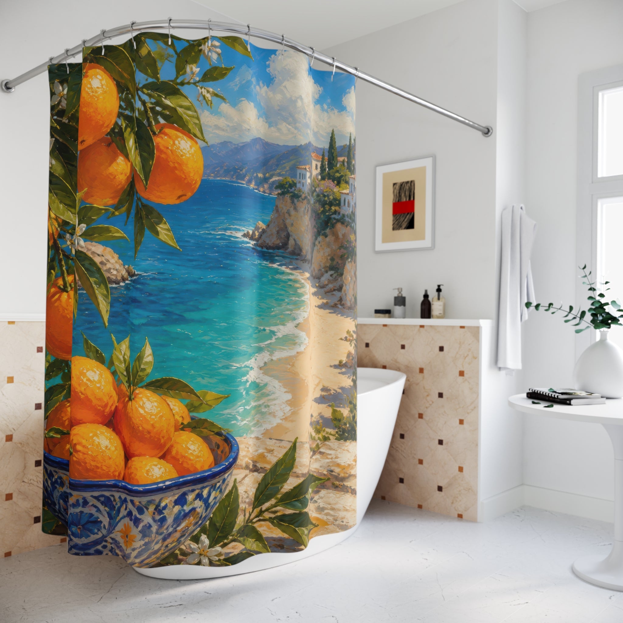 Oranges framing a sunlit Mediterranean beach cove shower curtain styled beside a freestanding tub