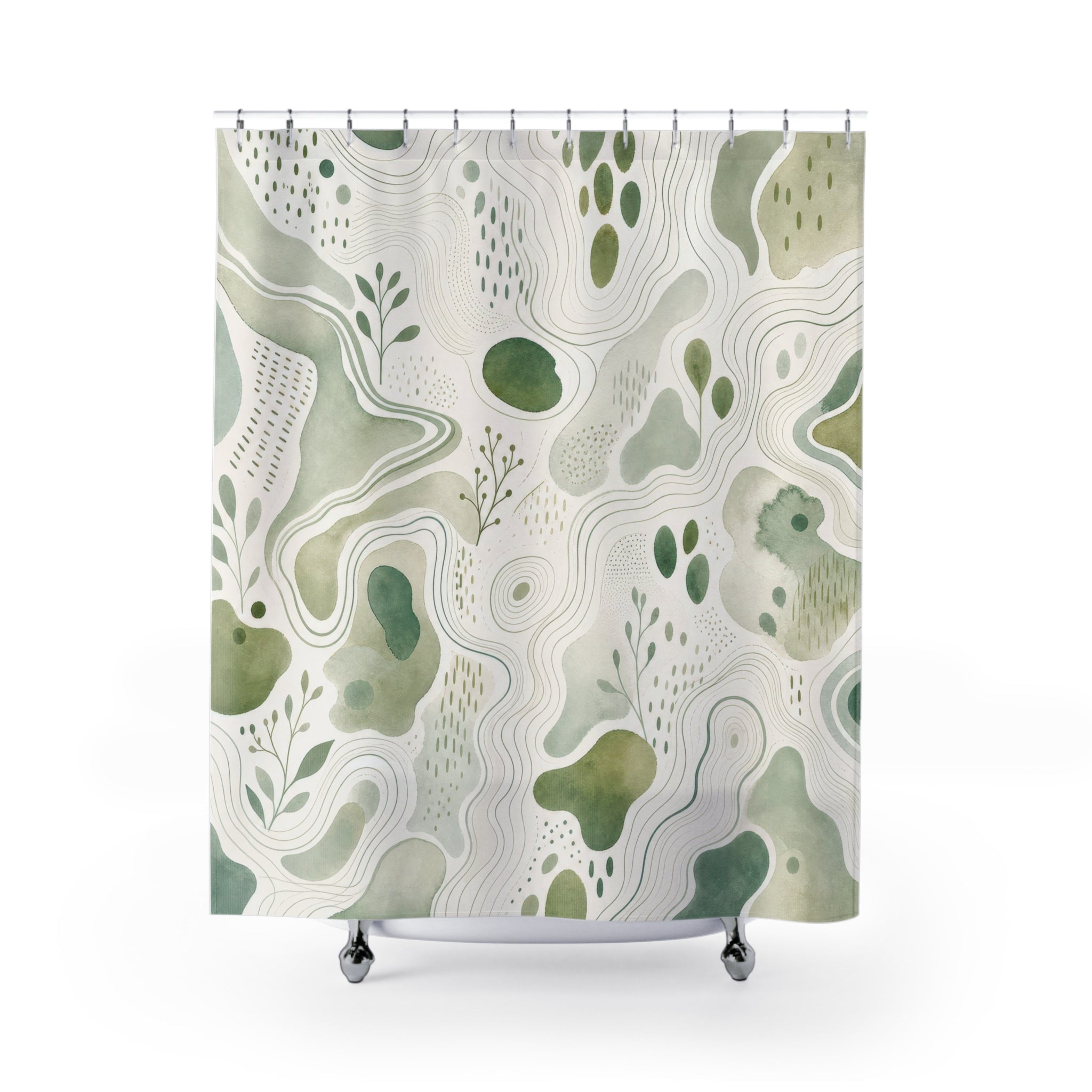 Green White Shower Curtain, Abstract Botanical Bath Decor, Sage Contour Pattern, Modern Guest Bathroom Decor, Organic Fresh Style Decor