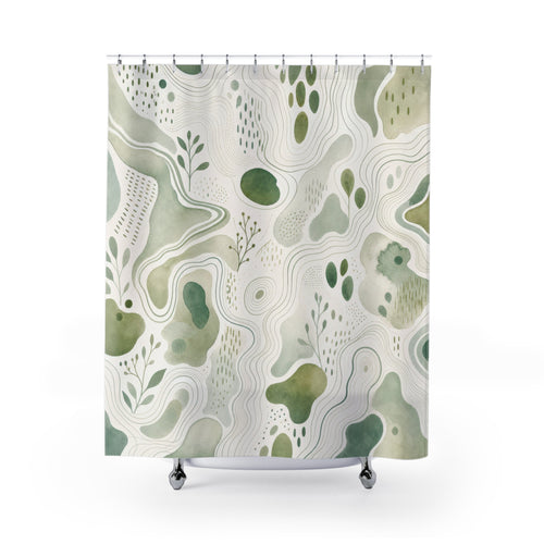 Abstract Botanical Green White shower curtain with full front view