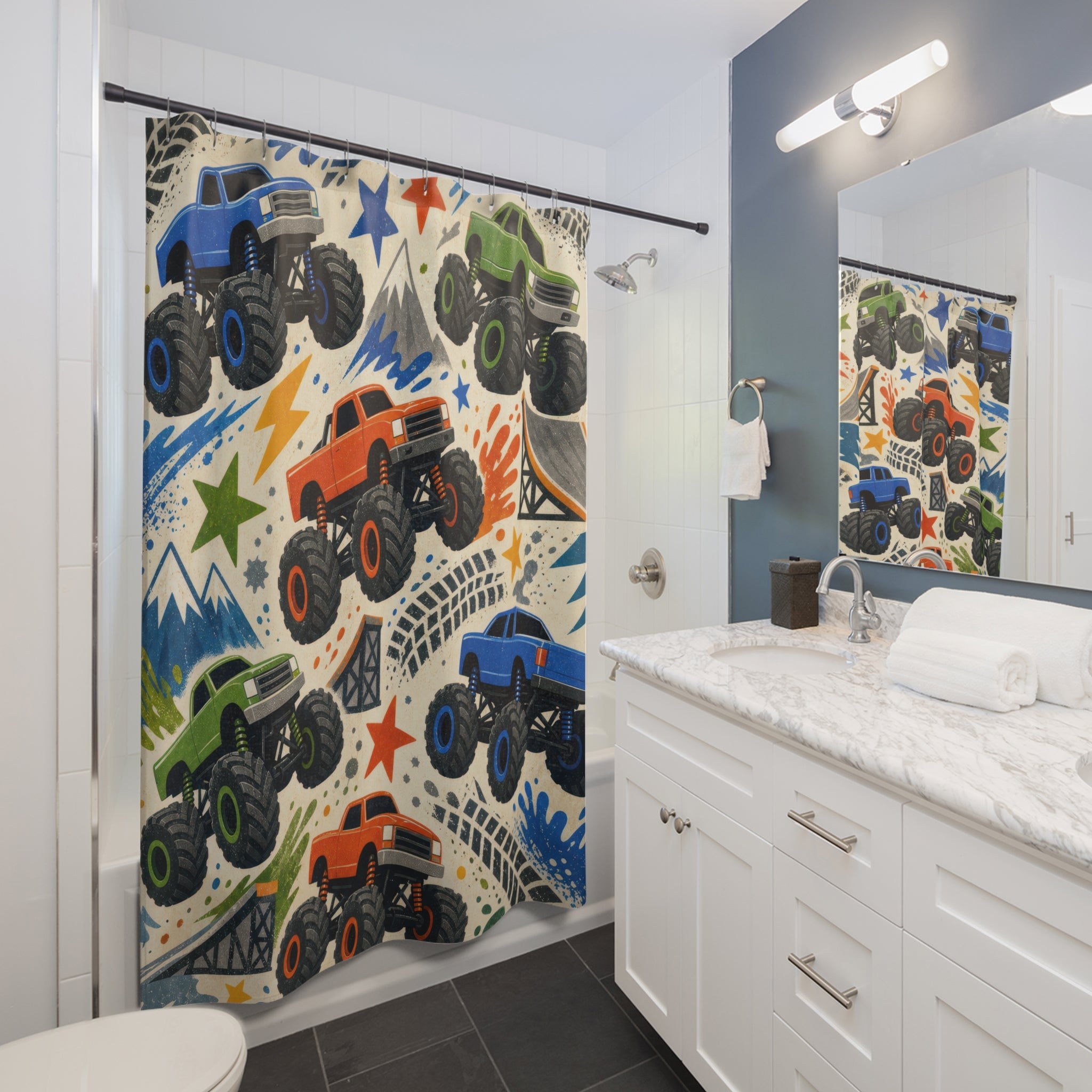 Monster Truck Shower Curtain, Off Road Vehicle Bathroom Decor, Tire Track Bath Curtain, Big Truck Kids Bathroom Art, Boys Bath Decor