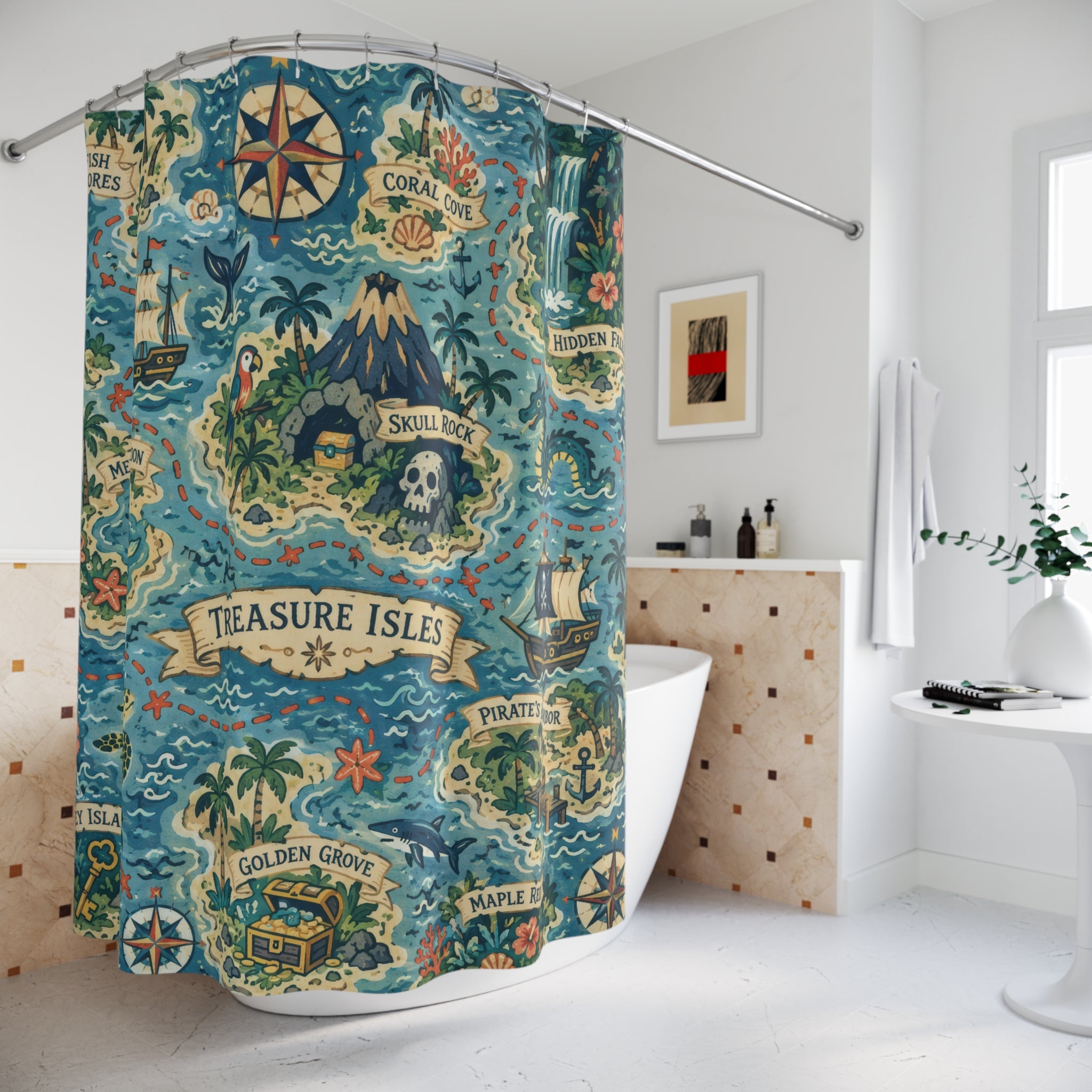Fantasy Map Shower Curtain – Kids Treasure Island Blue
