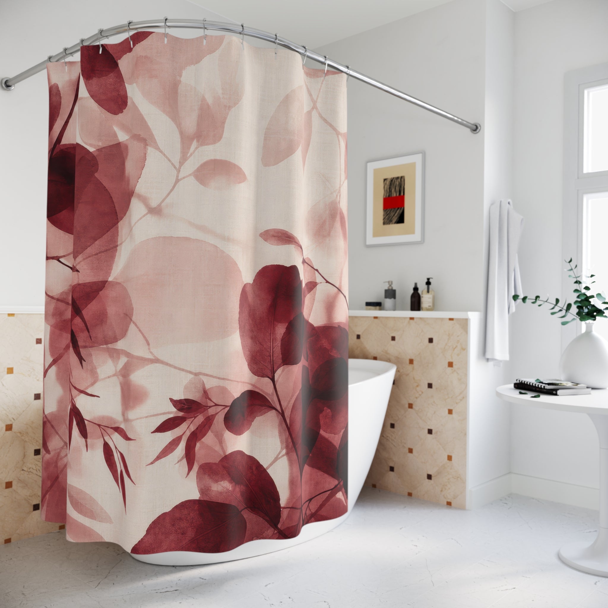 Pink Watercolor Botanical Red Floral Shower Curtain