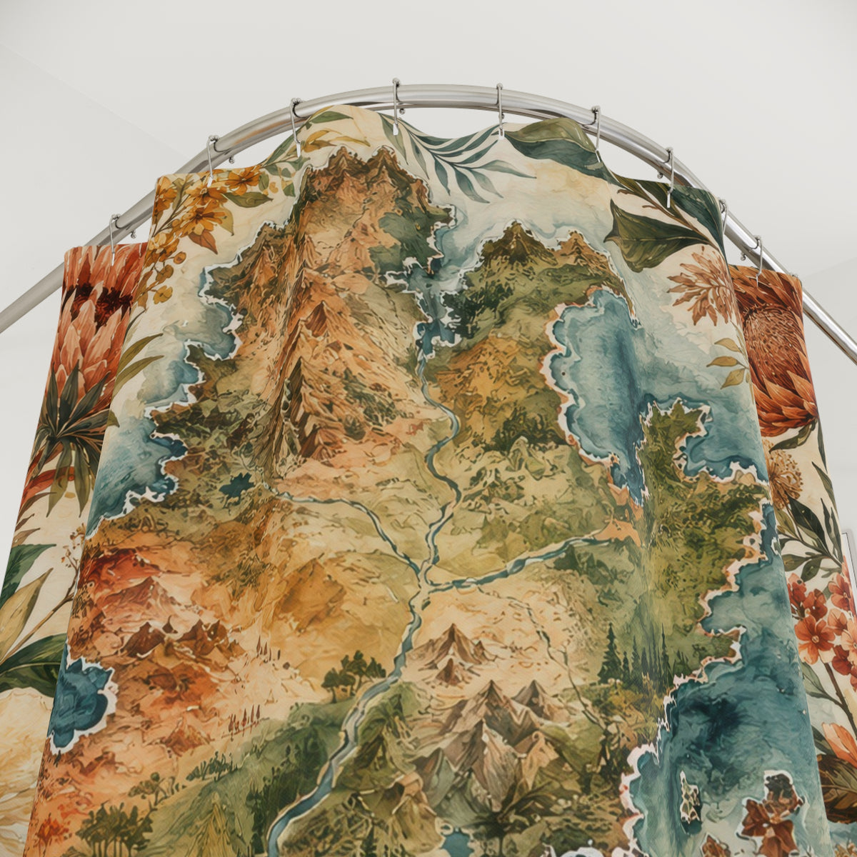 Botanical island watercolor map shower curtain with close-up print, hooks, and folds
