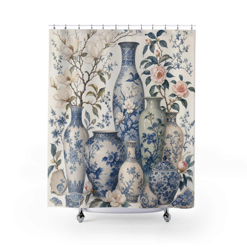 Blue White Porcelain Botanical Shower Curtain
