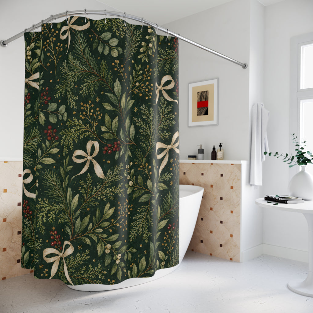 Green Christmas Shower Curtain, Dark Botanical Bath Decor, Cream Bow Ribbon Pattern, Holiday Gift Green Guest Bathroom Decor Style