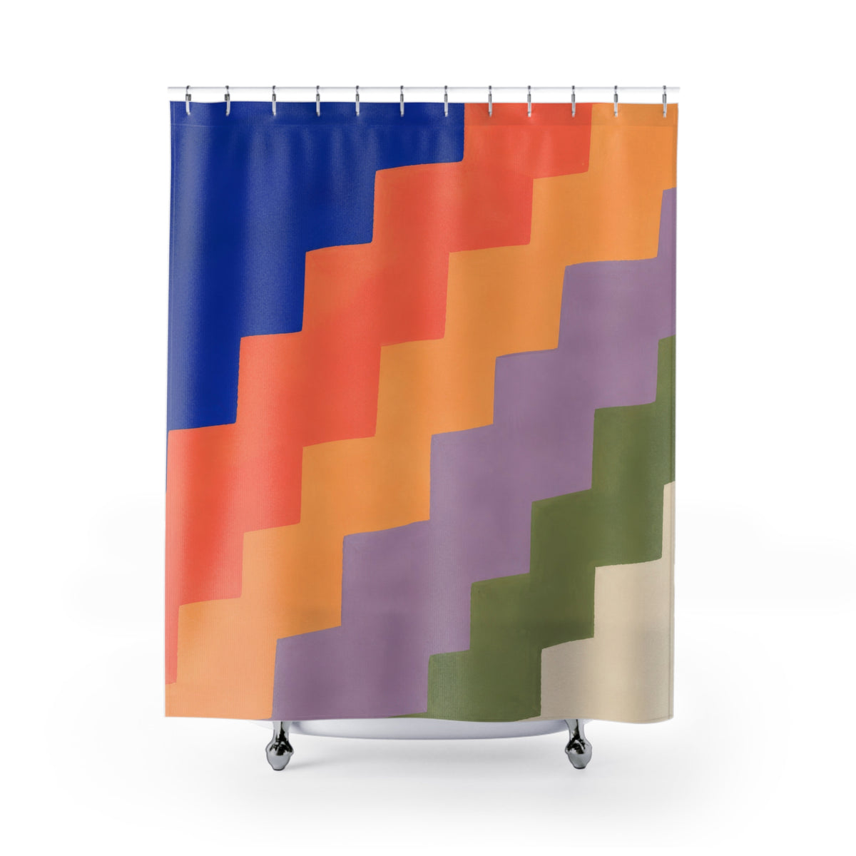 Cobalt coral and lilac stepped color bands shower curtain with full front view