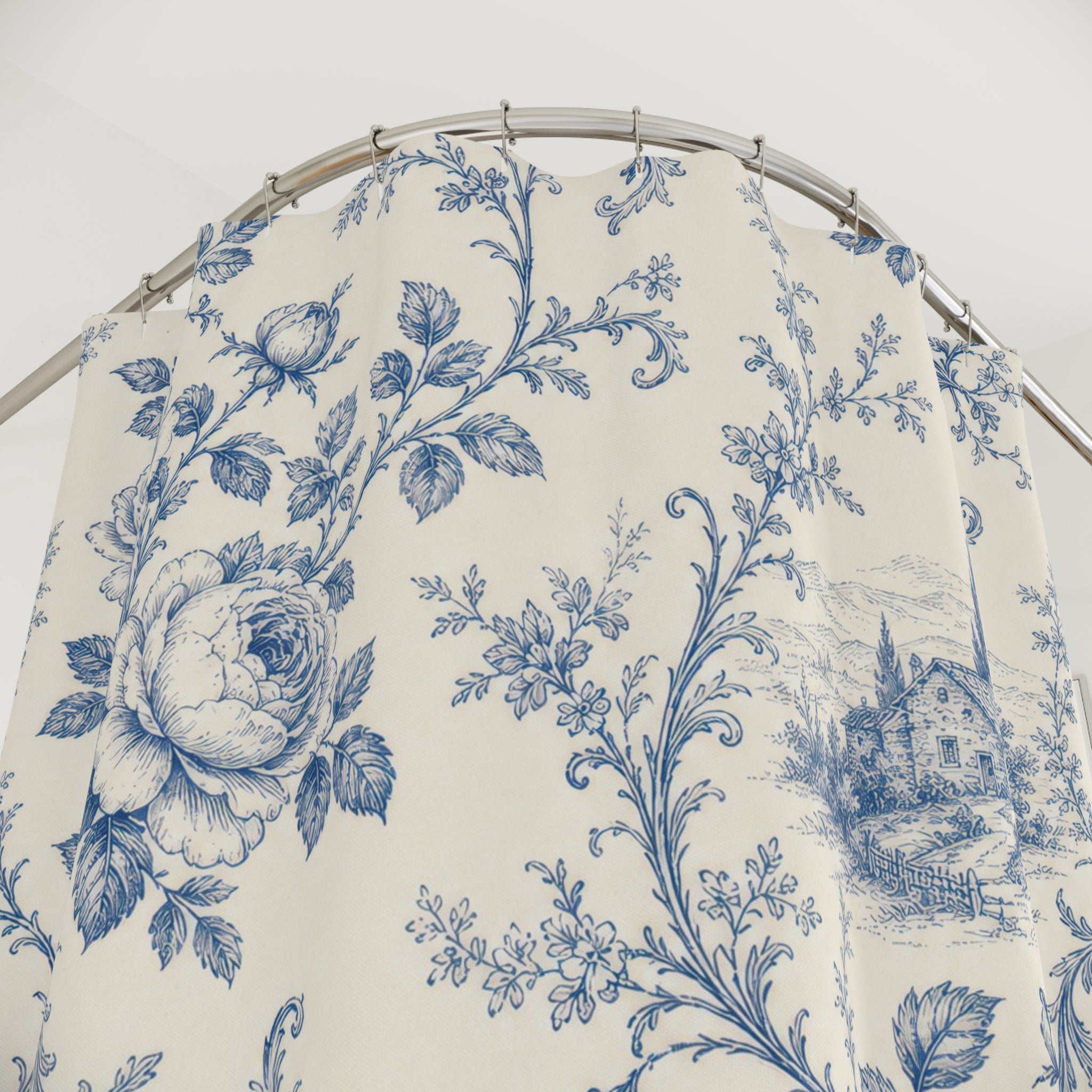Blue Ivory French Country Floral Scene Shower Curtain