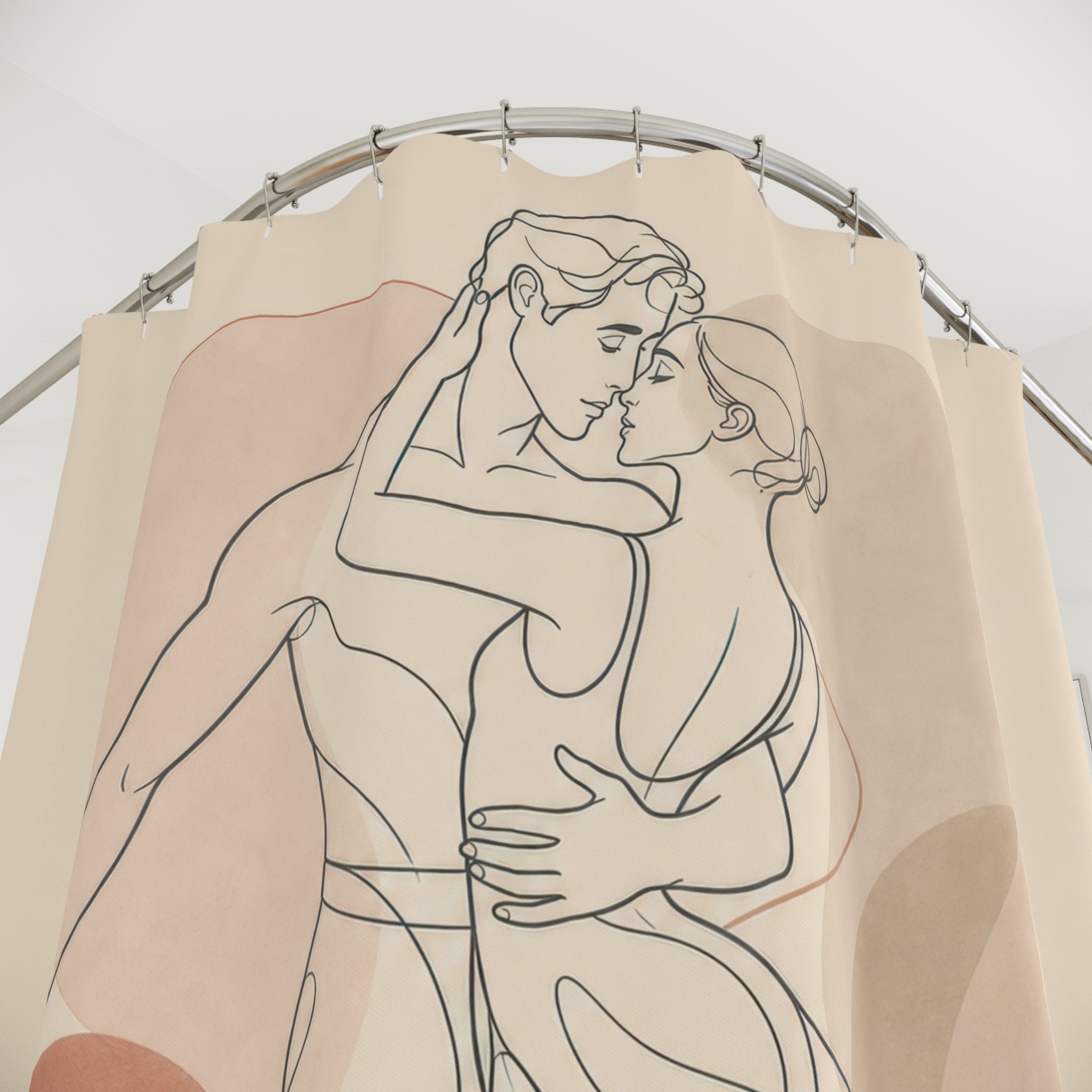 Line Art Shower Curtain, Embracing Couple Figure Pattern, Beige Rust Bathroom Decor, Modern Guest Bath Romantic Art Style