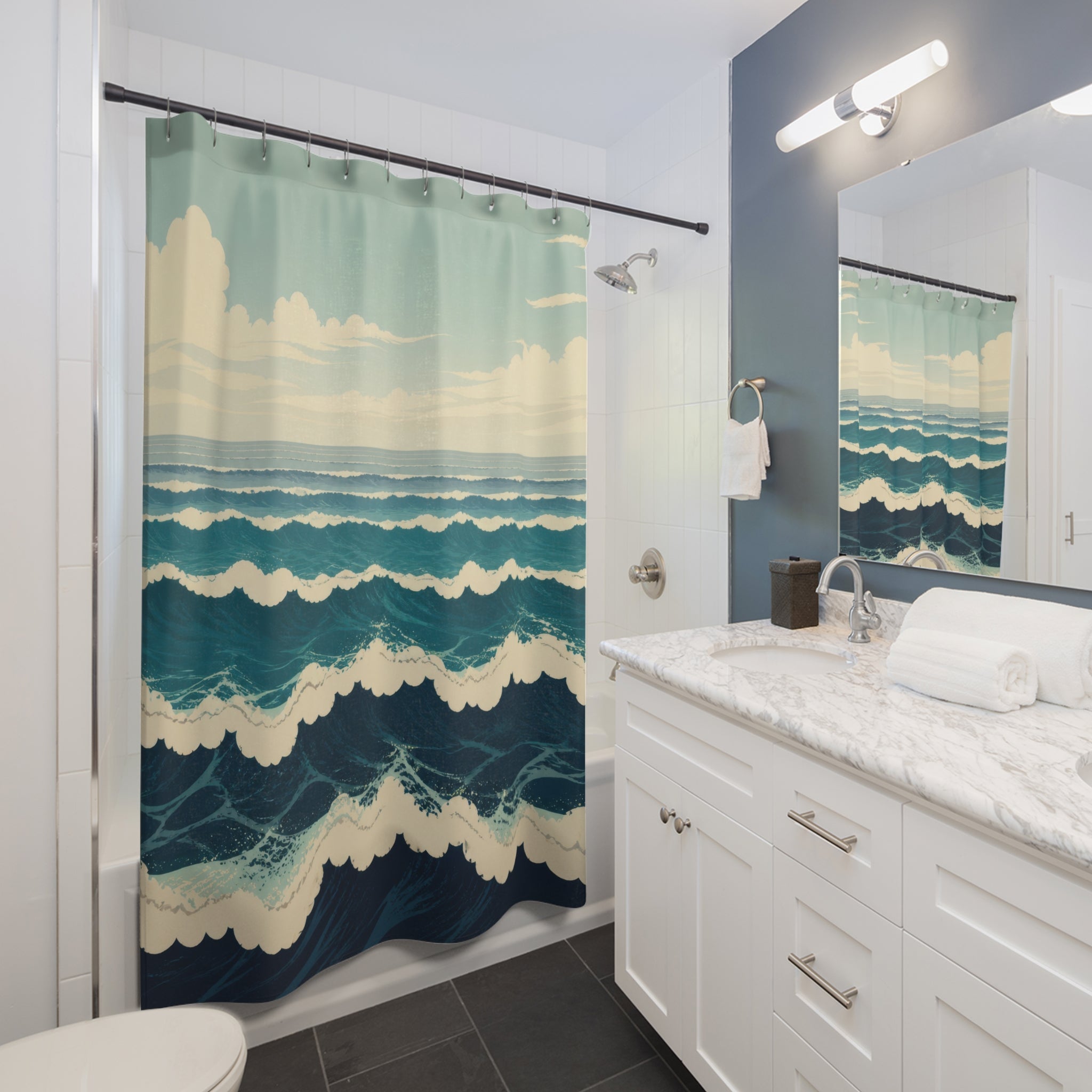 Scalloped teal ocean waves with cream foam shower curtain beside a white vanity