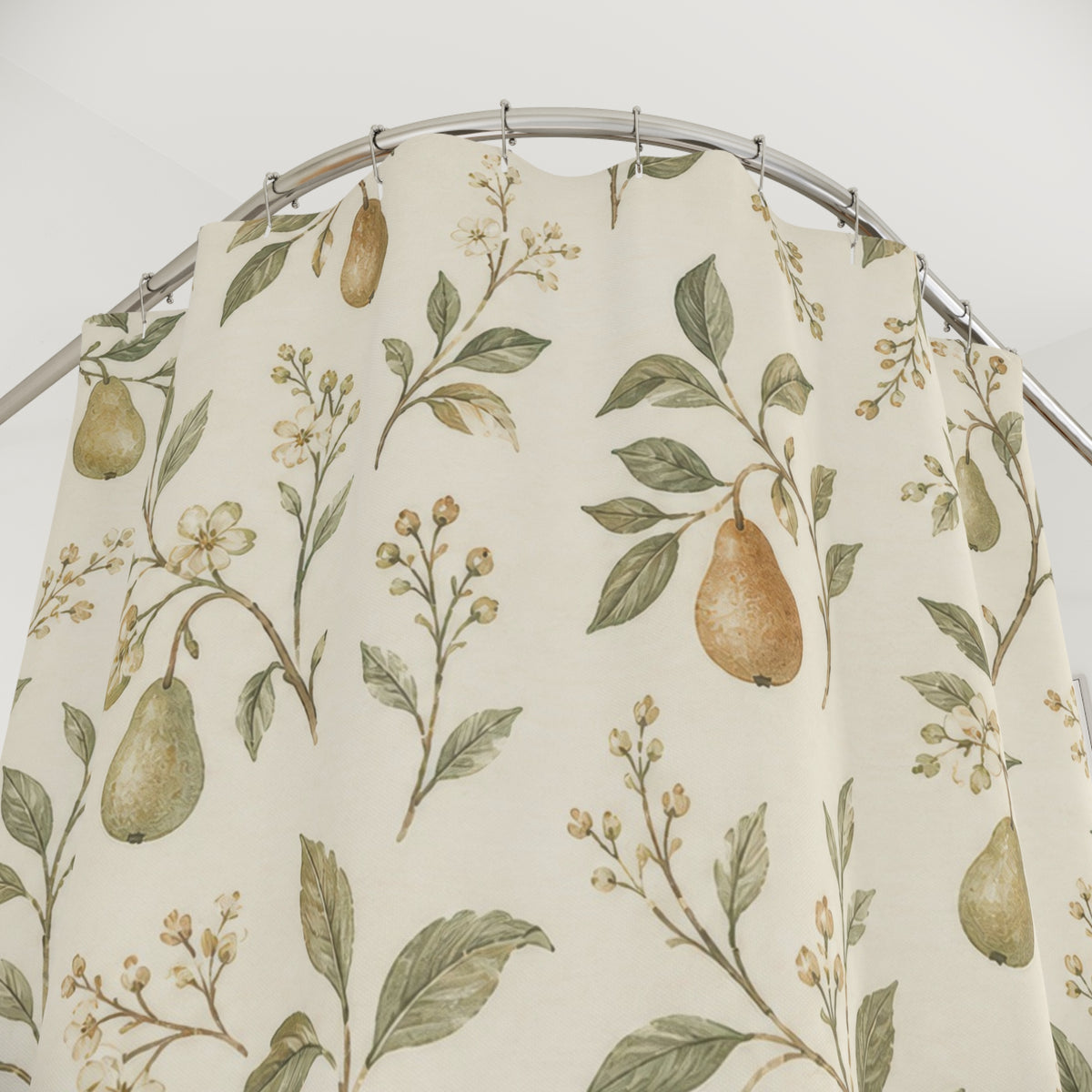 Pear Orchard Botanical fruit pattern shower curtain with close-up print, hooks, and folds