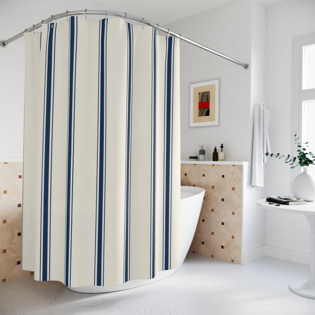 Navy Ticking Stripe Shower Curtain, Tailored Blue Pinstripe Pattern