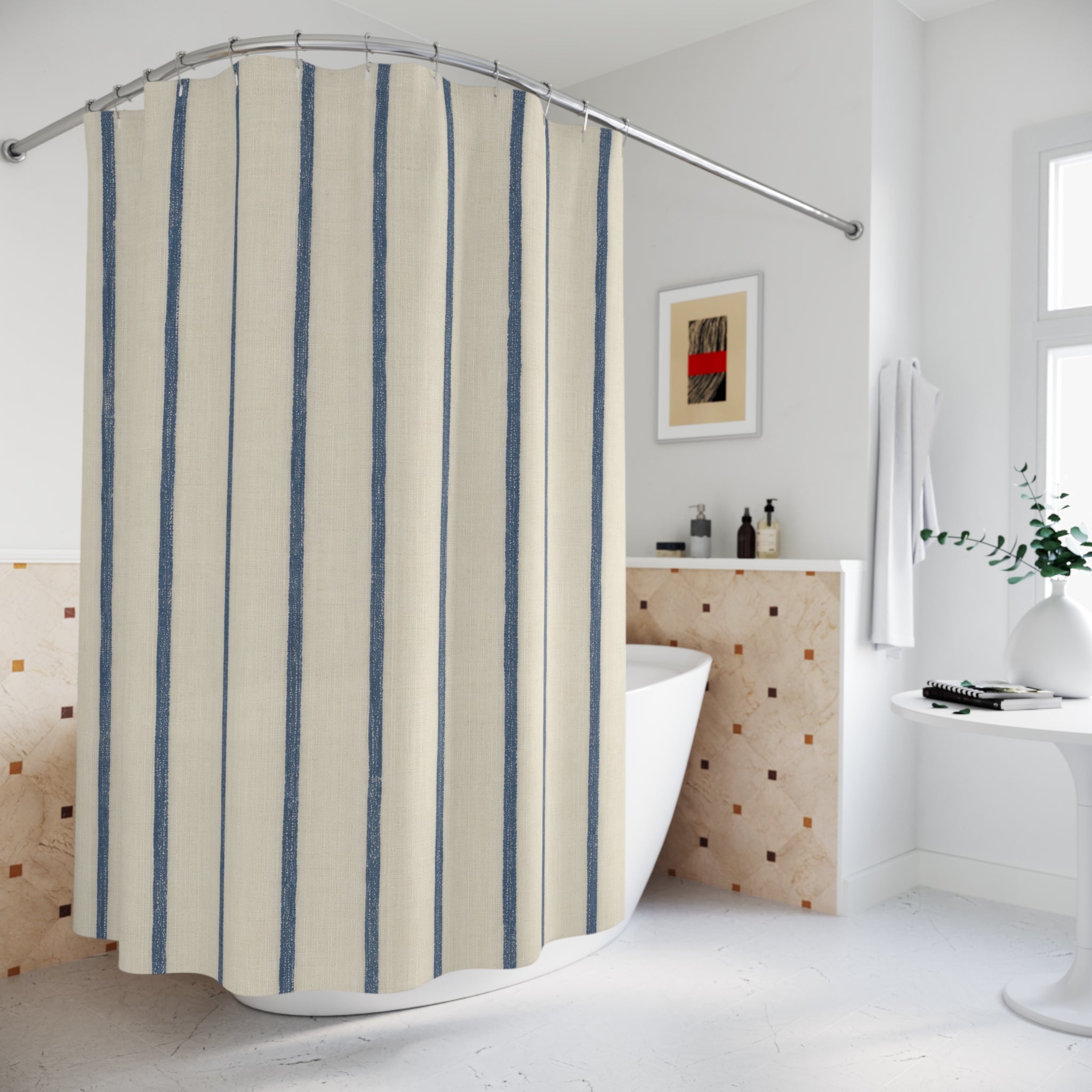Blue Ticking Shower Curtain, French Stripe Bath Decor, Cream Vertical Stripe Pattern, Classic Guest Bathroom Decor, Blue Ticking Style